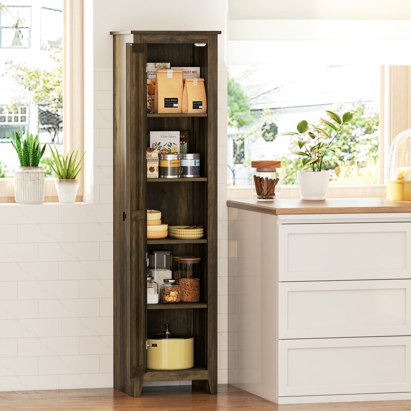 67" Farmhouse Kitchen Pantry Storage Cabinet with Barn Door, Kitchen Pantry Cabinet with Adjustable Shelves, Brown