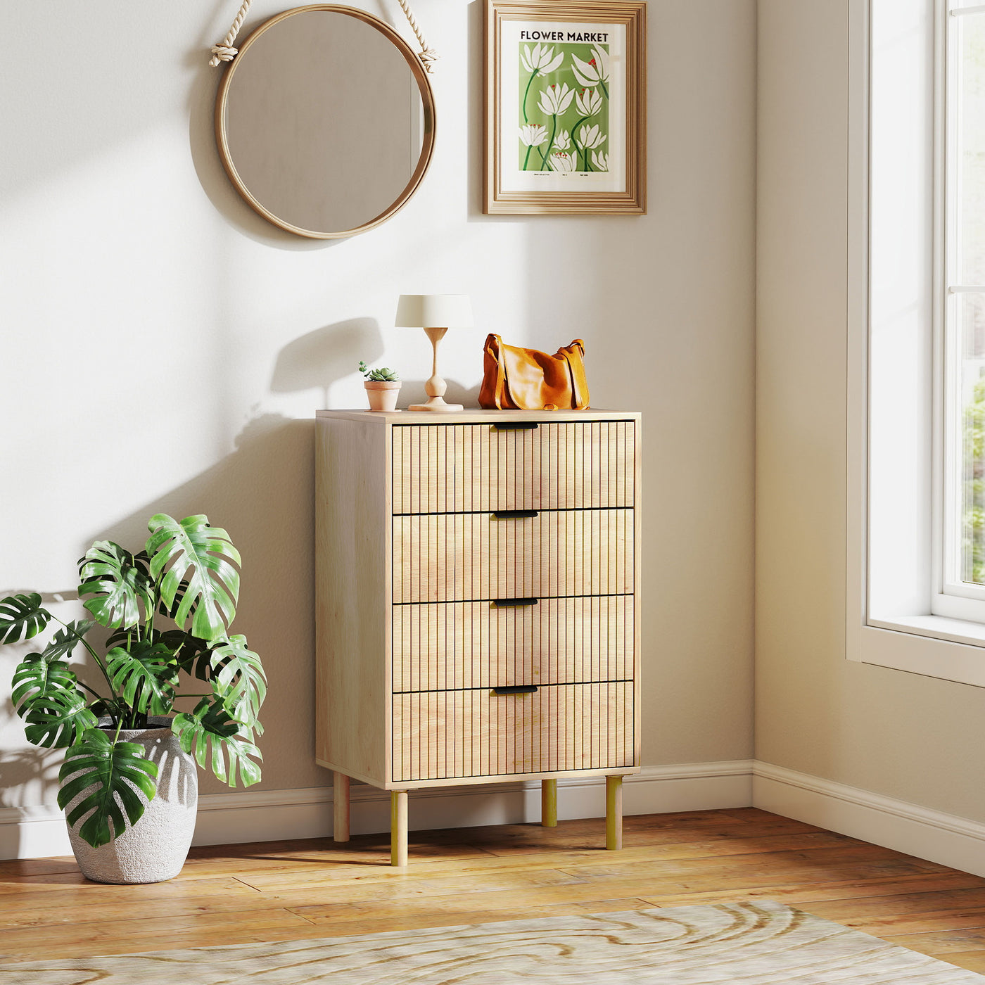 Chest of Drawers, 4 Drawer Dresser with Fluted Panels and Solid Wood Legs, Storage Cabinet for Living Room, Oak