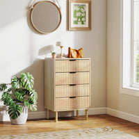 Chest of Drawers, 4 Drawer Dresser with Fluted Panels and Solid Wood Legs, Storage Cabinet for Living Room, Oak
