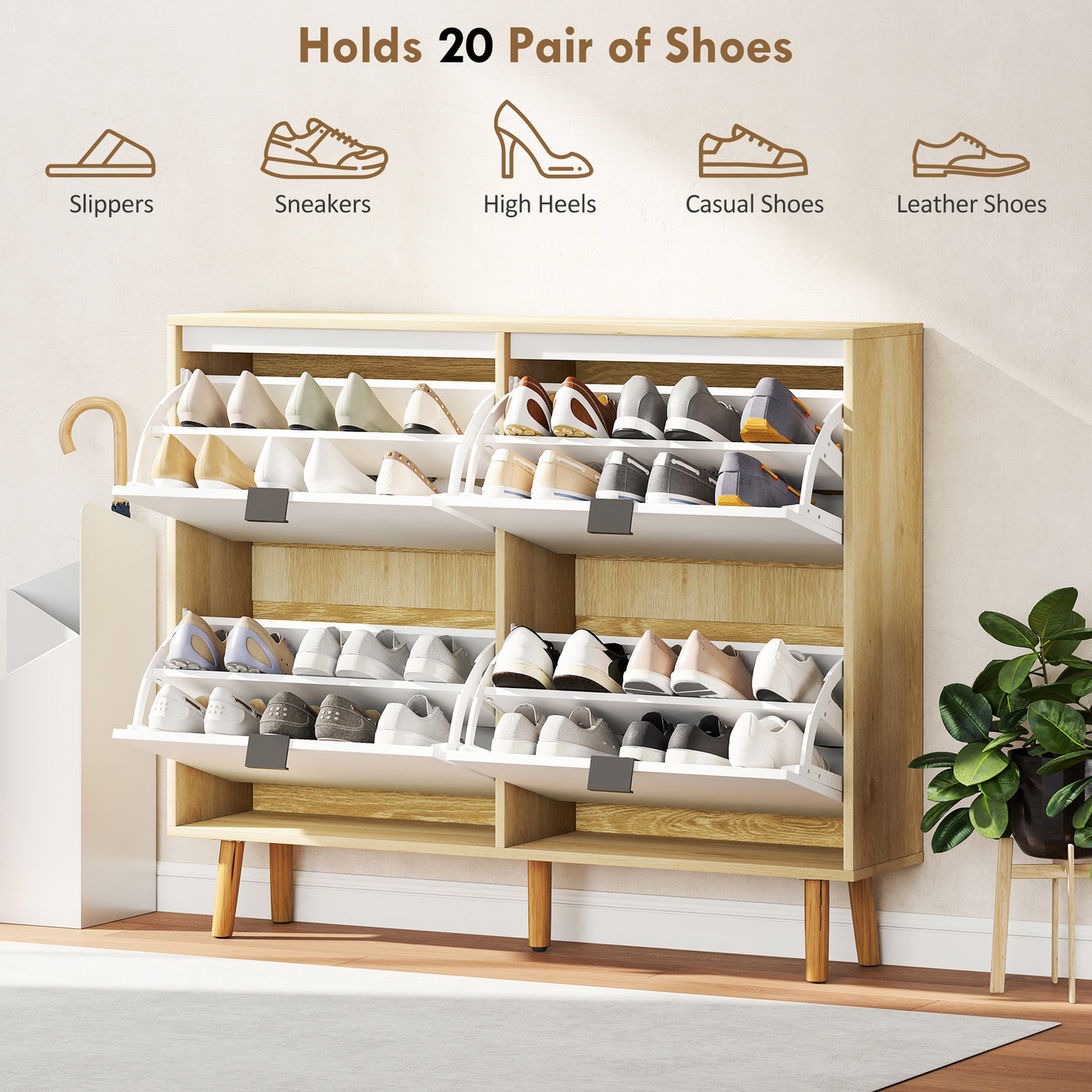 Narrow Shoe Cabinet, High Gloss Shoe Storage Cabinet with 4 Flip Drawers and Adjustable Shelves, Holds 20 Pairs, White