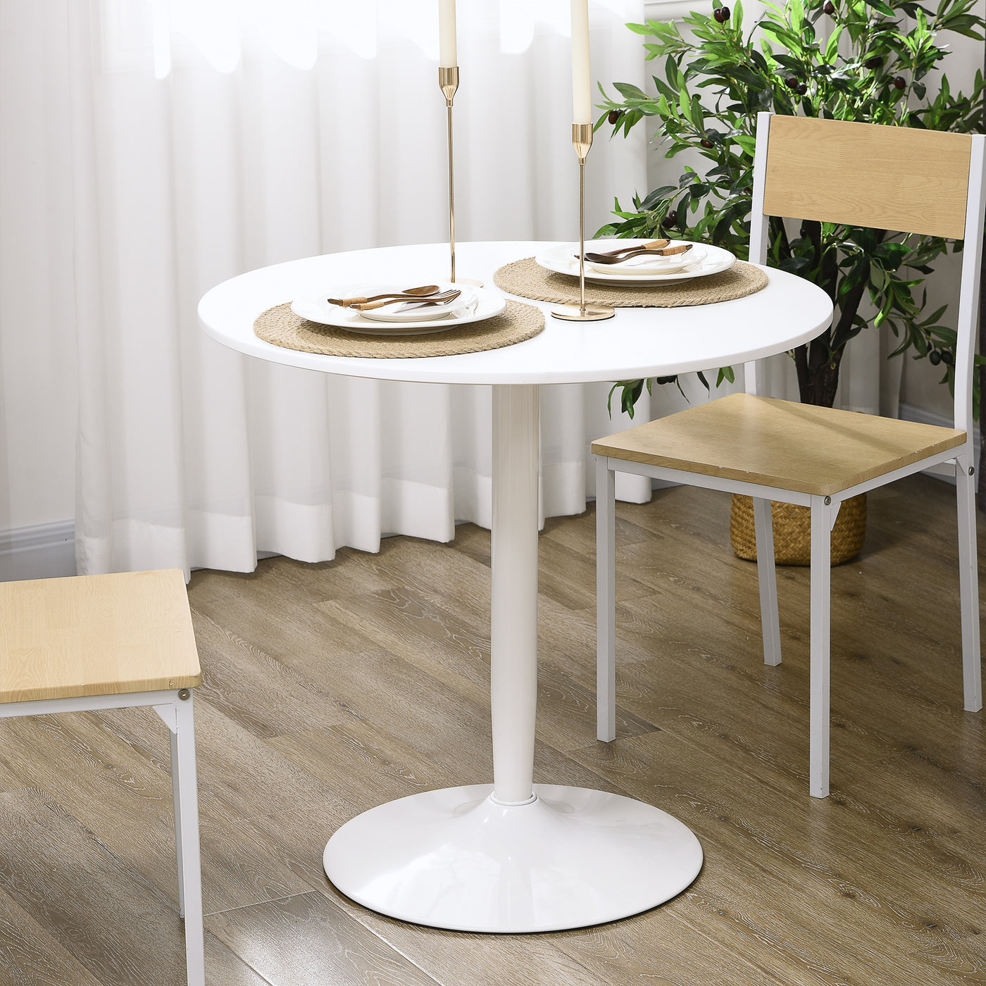 Modern Kitchen Table for 2 people, Round Dining Table with Steel Base for Living Room, Dining Room, White