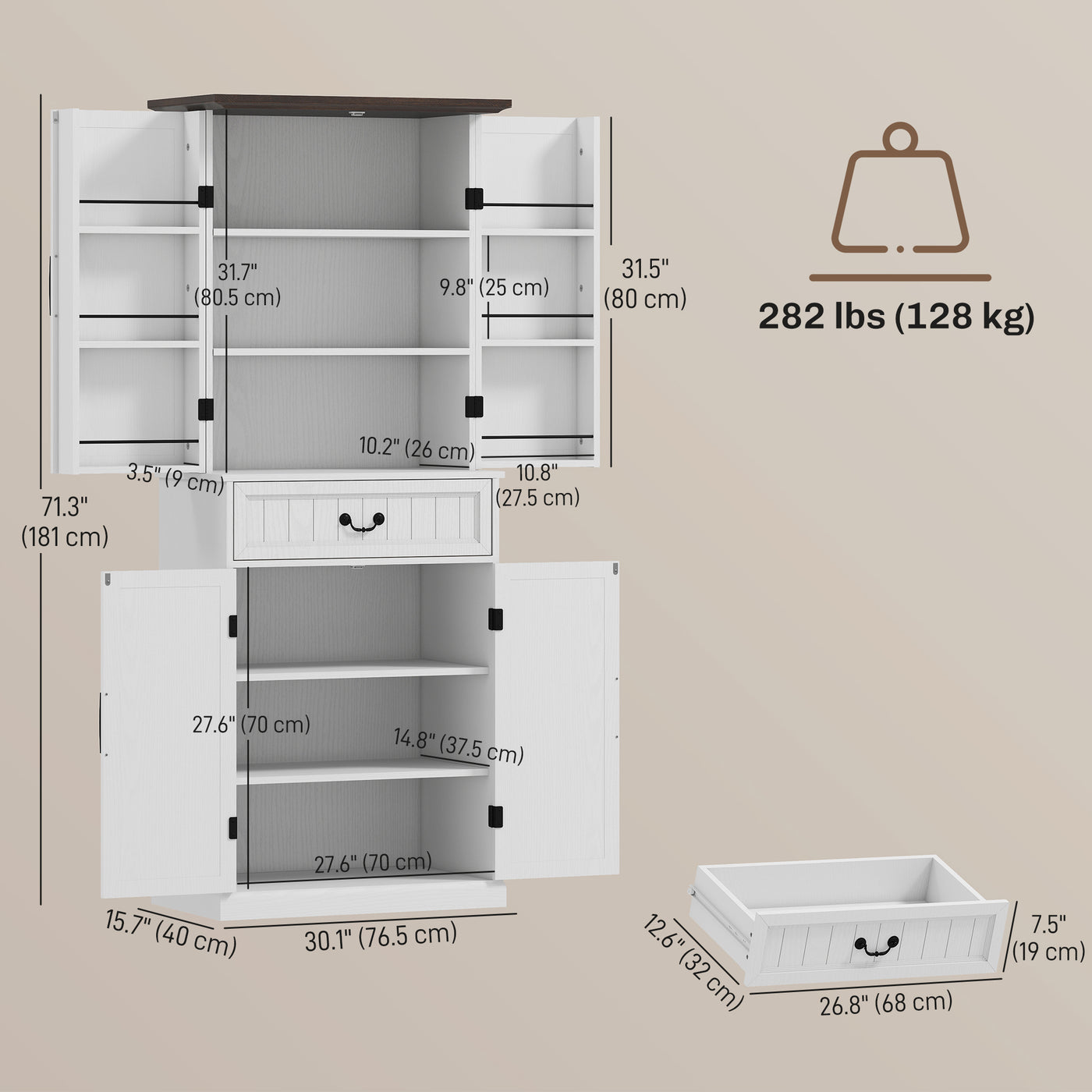 71" LED Kitchen Pantry Cabinet, Farmhouse Storage Cabinet with Door Shelves, Distressed White