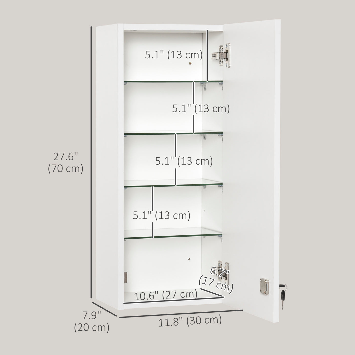 Wall Mount Medicine Cabinet, 5-tier Lockable Bathroom Cabinet with 2 Keys and Adjustable Shelves, White