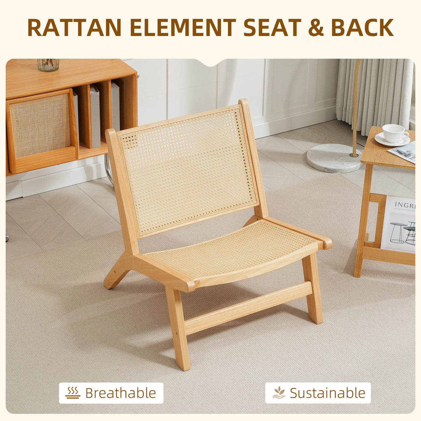 Rattan Accent Chair, Mid-Century Leisure Chair with Rubber Wood Frame, for Bedroom Living Room, Natural