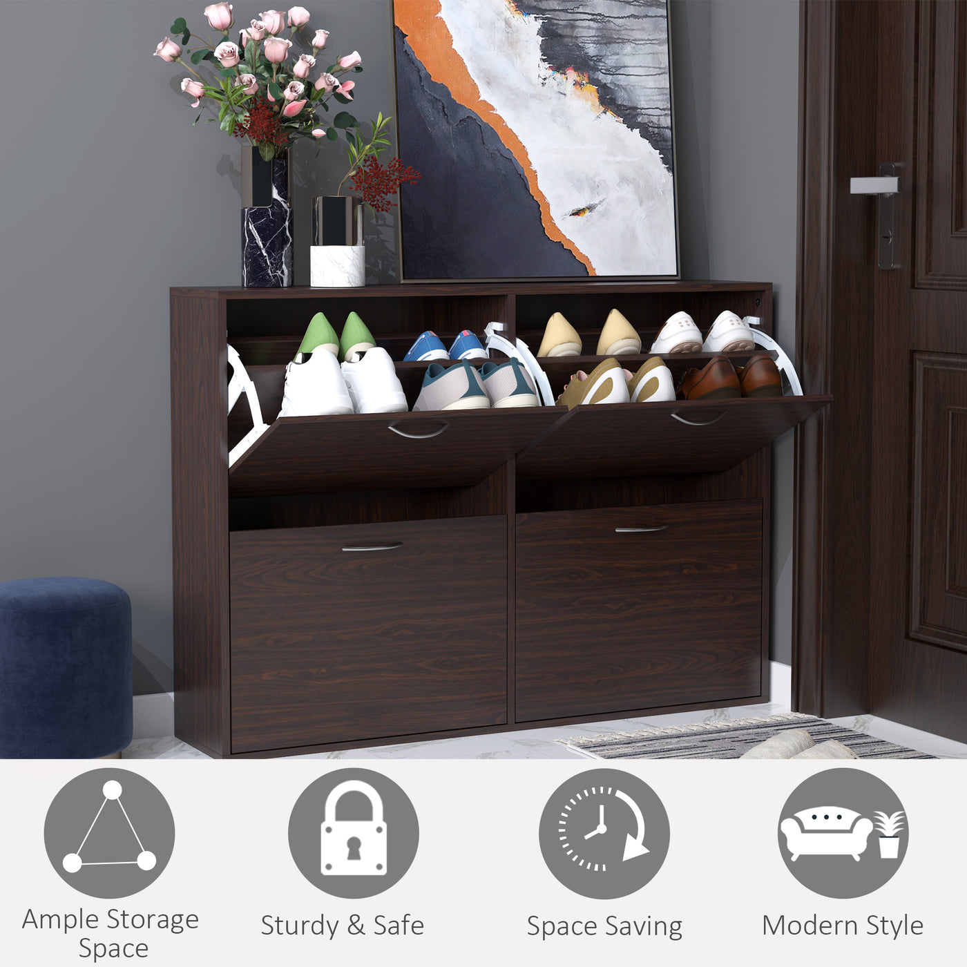 Flip Down Shoe Storage, Multi Cabinet, Wooden Shoe Rack, Entryway Shelf, 4 Drawer Organizer, Freestanding Unit, Brown
