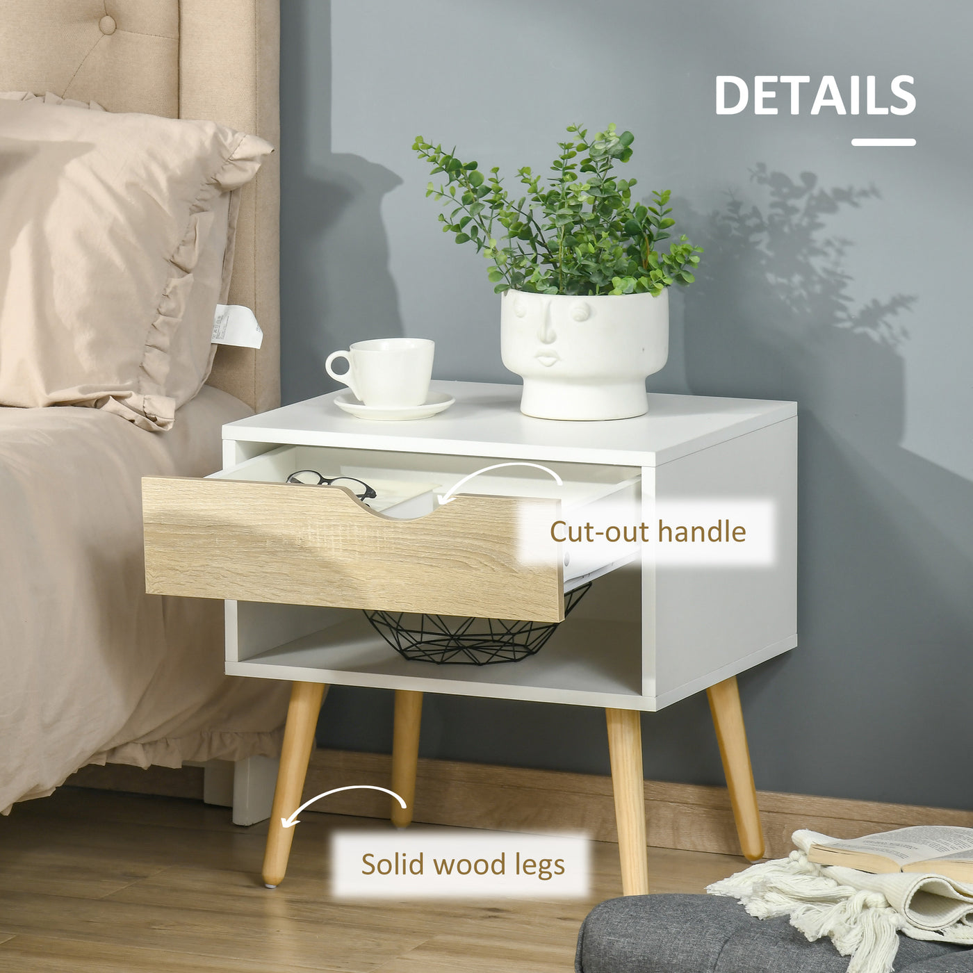Set of 2 Bedside Table with Drawer and Shelf, Modern Nightstand with Wooden Legs, End Table for Bedroom, White