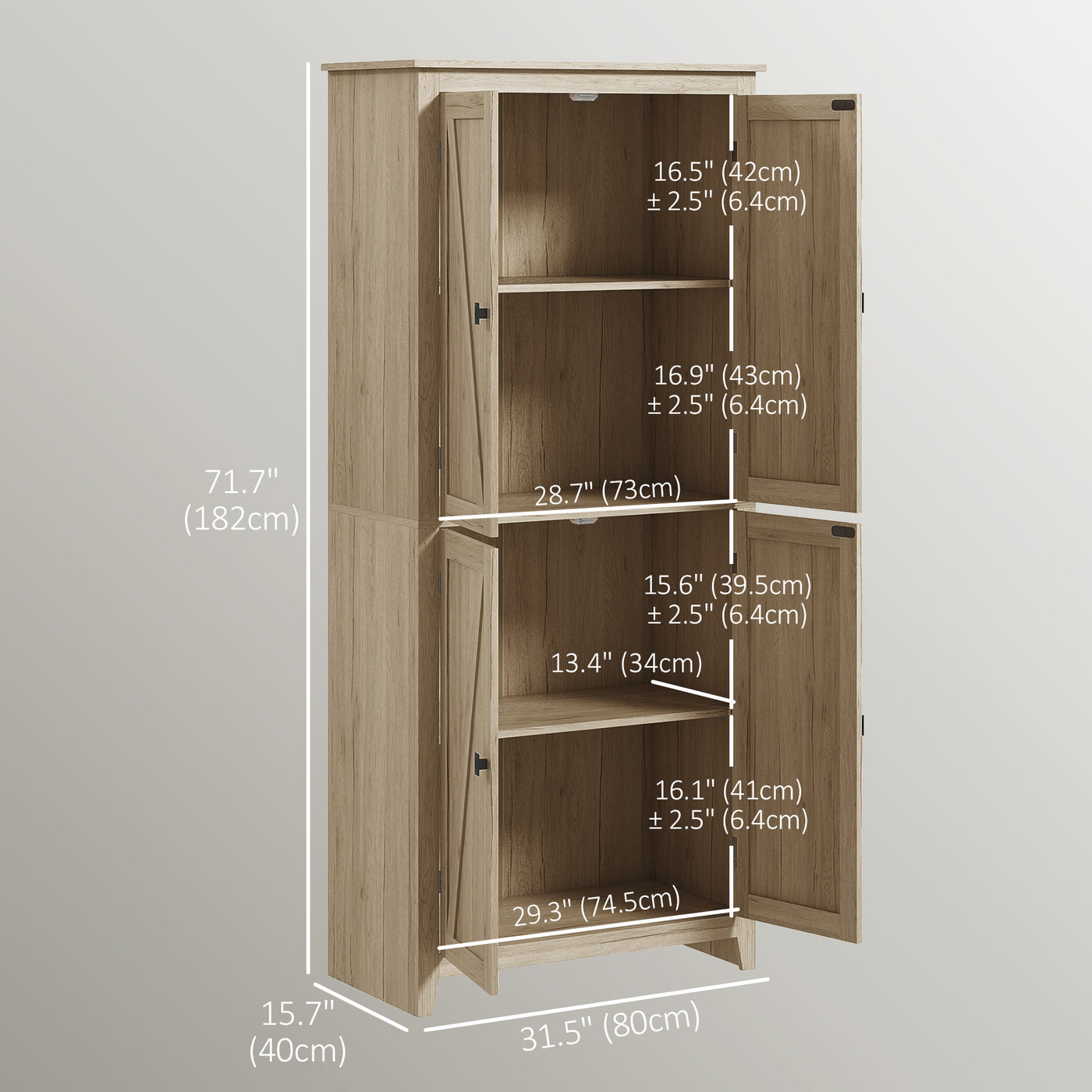 72" Freestanding Storage Cabinet, Kitchen Pantry Cabinet with Doors and Shelves for Dining Room, Natural