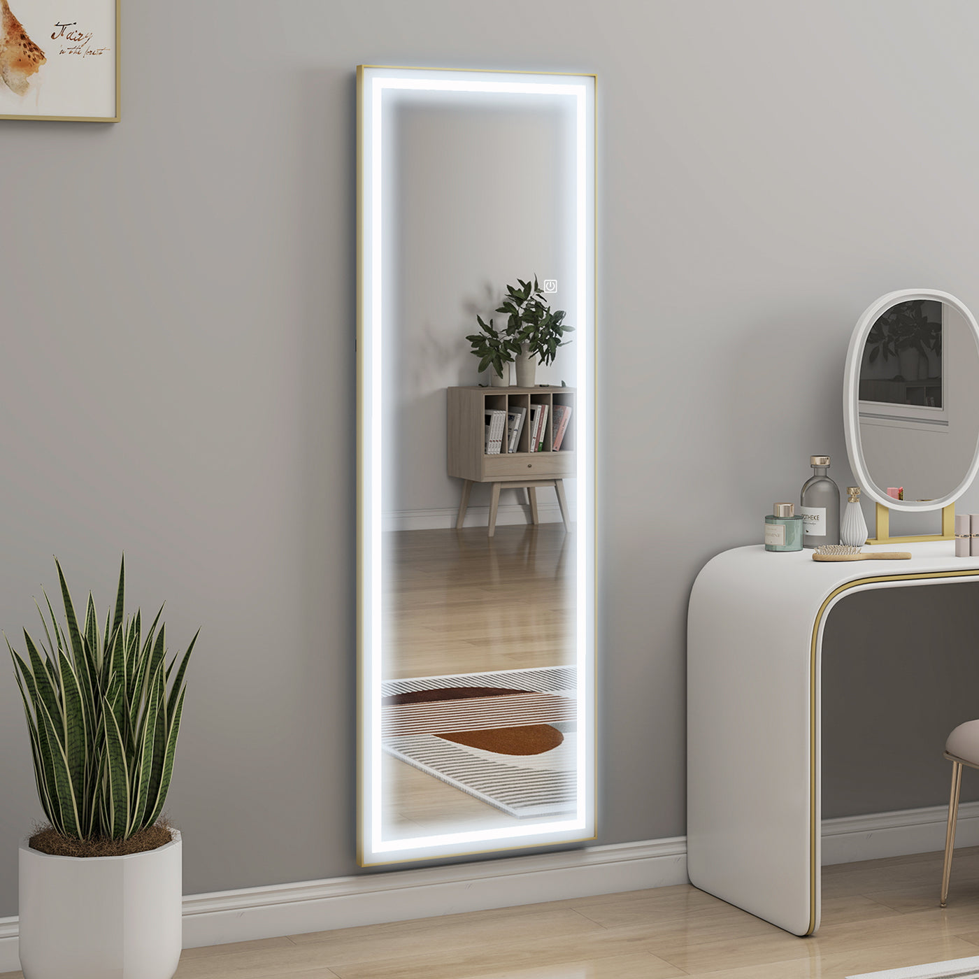 LED Mirror with Dimmable and 3 Colour Lights, 64" x 21" Rectangular Floor Mirror for Bedroom Living Room, Gold