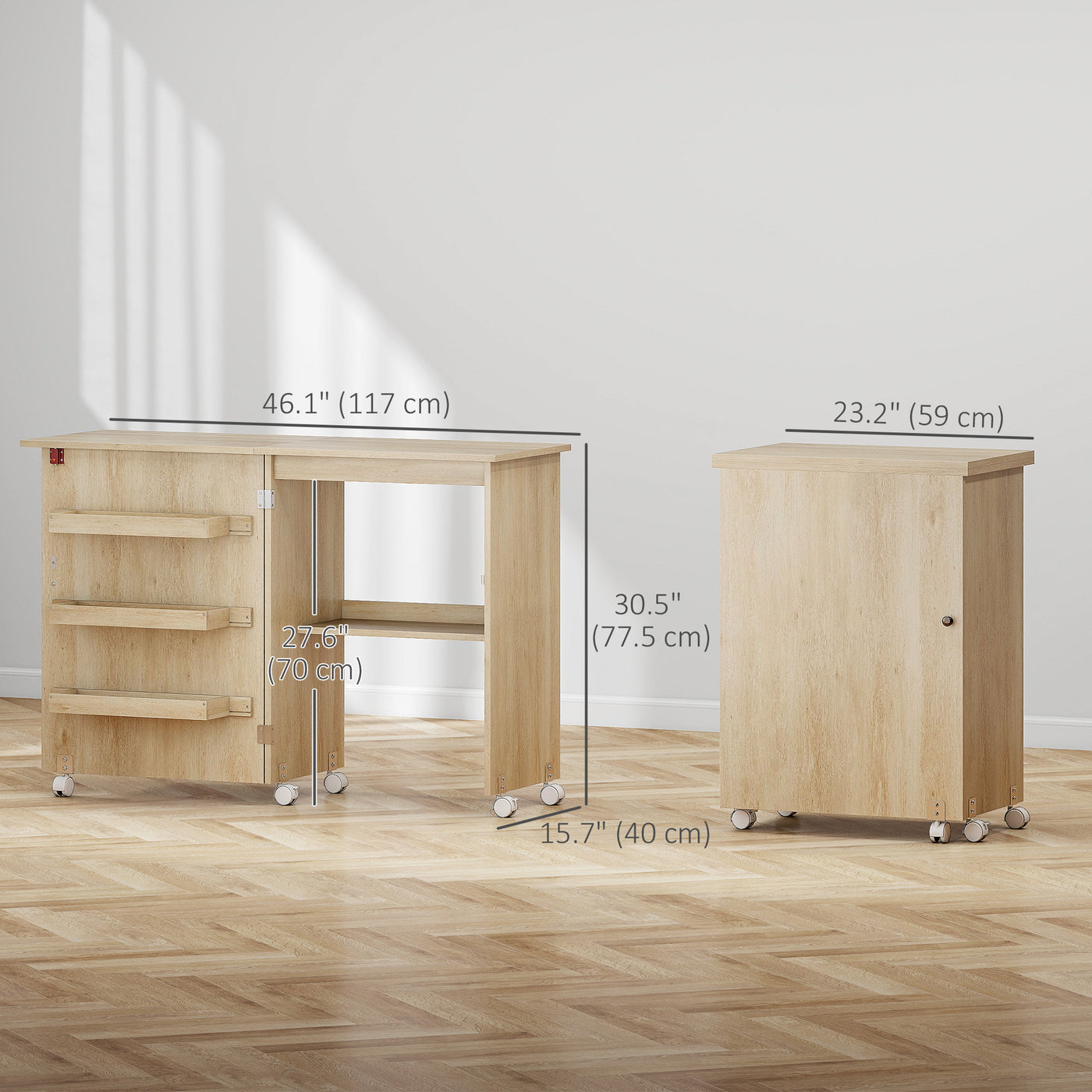 Sewing Machine Cabinet, Folding Sewing Table with Storage Shelf, Bins and Lockable Wheels for Small Space, Nature Wood