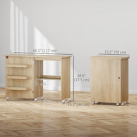 Sewing Machine Cabinet, Folding Sewing Table with Storage Shelf, Bins and Lockable Wheels for Small Space, Nature Wood