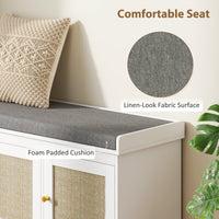 Shoe Storage Bench with Woven Rattan Doors, Shoe Bench with Cushion, Adjustable Shelves, Entryway Bench, White