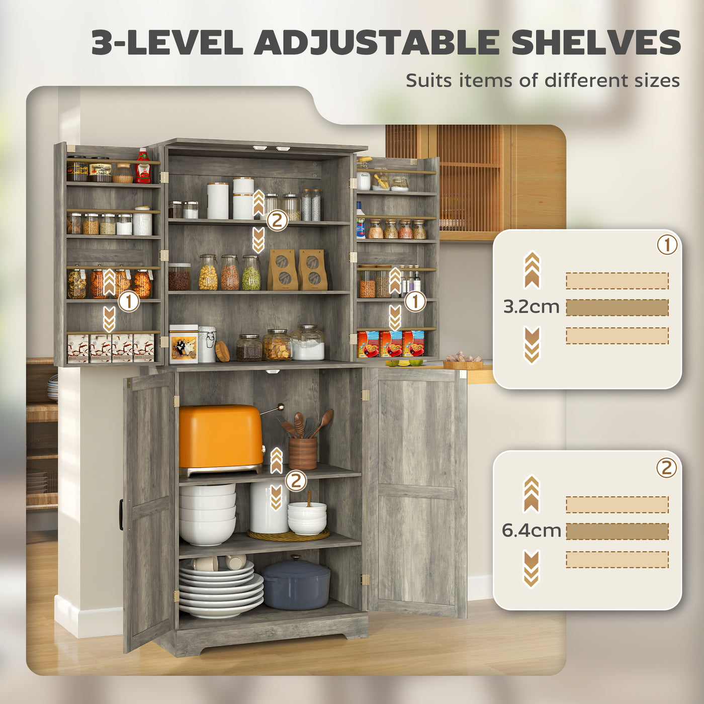 Farmhouse Kitchen Pantry Cabinet, Kitchen Cabinet with Barn Doors, Adjustable Shelves and Door Racks, Distressed Grey