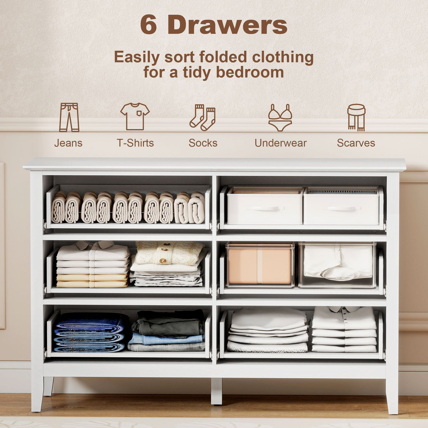 Double Chest of Drawers, Modern 6 Drawer Dresser for Bedroom, Living Room, Hallway, Closet, White