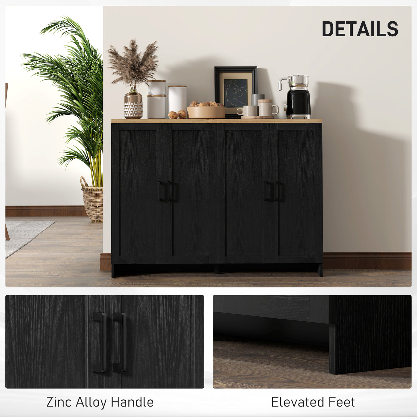Modern Sideboard Buffet Cabinet, Modern Kitchen Storage Cabinet with 4 Doors Adjustable Shelves, for Dining Room, Black
