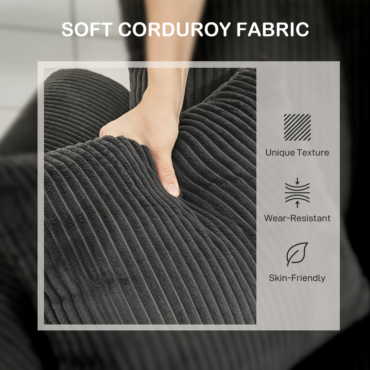 Corduroy Couch, 3 Seater Sofa, Modern Upholstered Couch with Curved Armrests and 8 Removable Pillows, Dark Grey