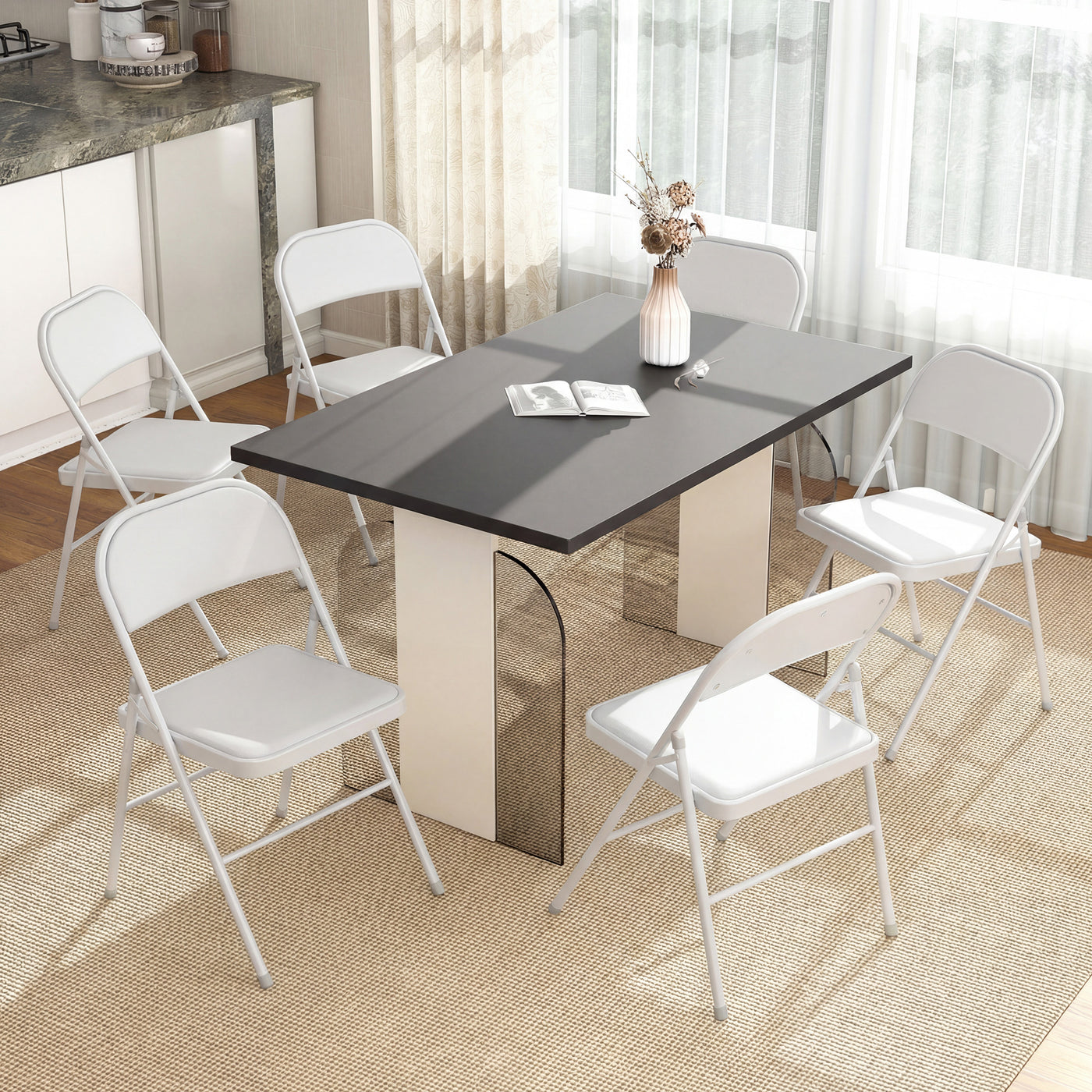 Set of 6 Metal Foldable Chairs, PU Leather Padded Folding Chairs with Cushion Seat and Open Back for Indoor, White