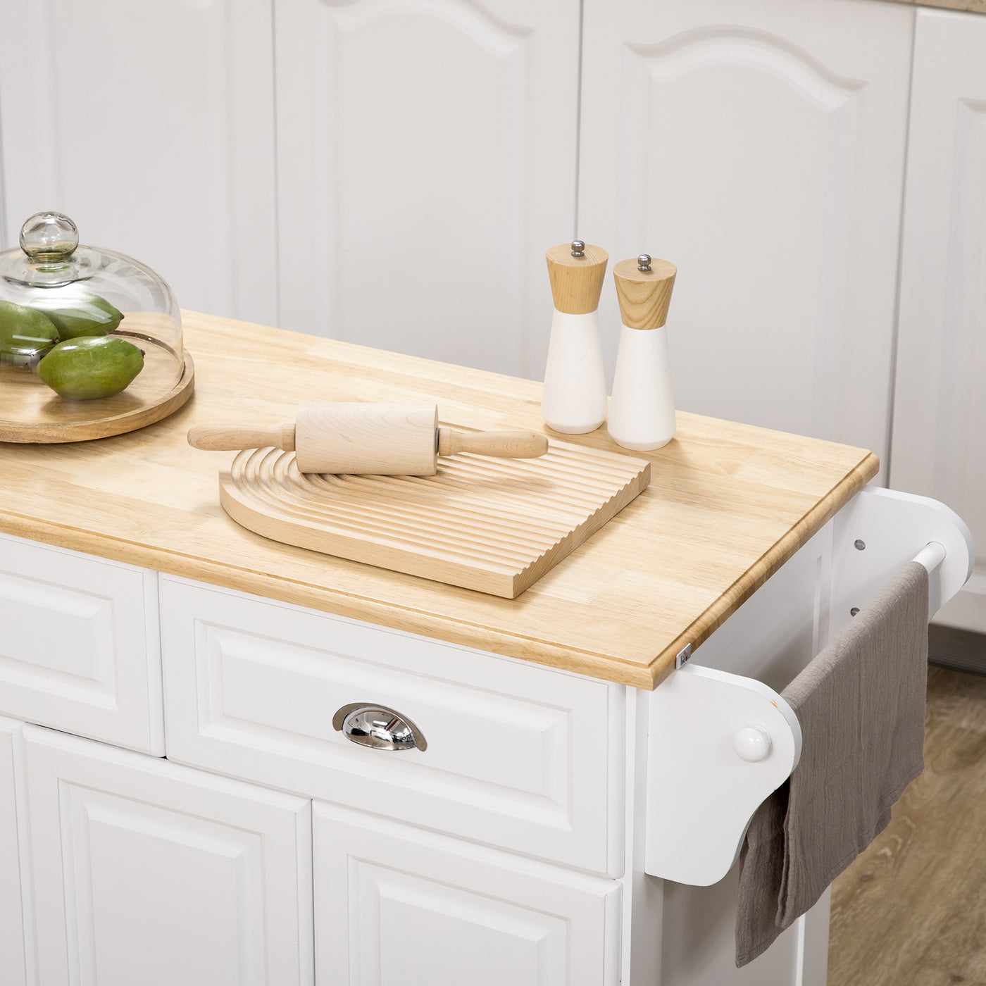 Kitchen Island With Storage Rolling Kitchen Serving Cart with Rubber Wood Top Towel Rack Storage Drawer Cabinet, White