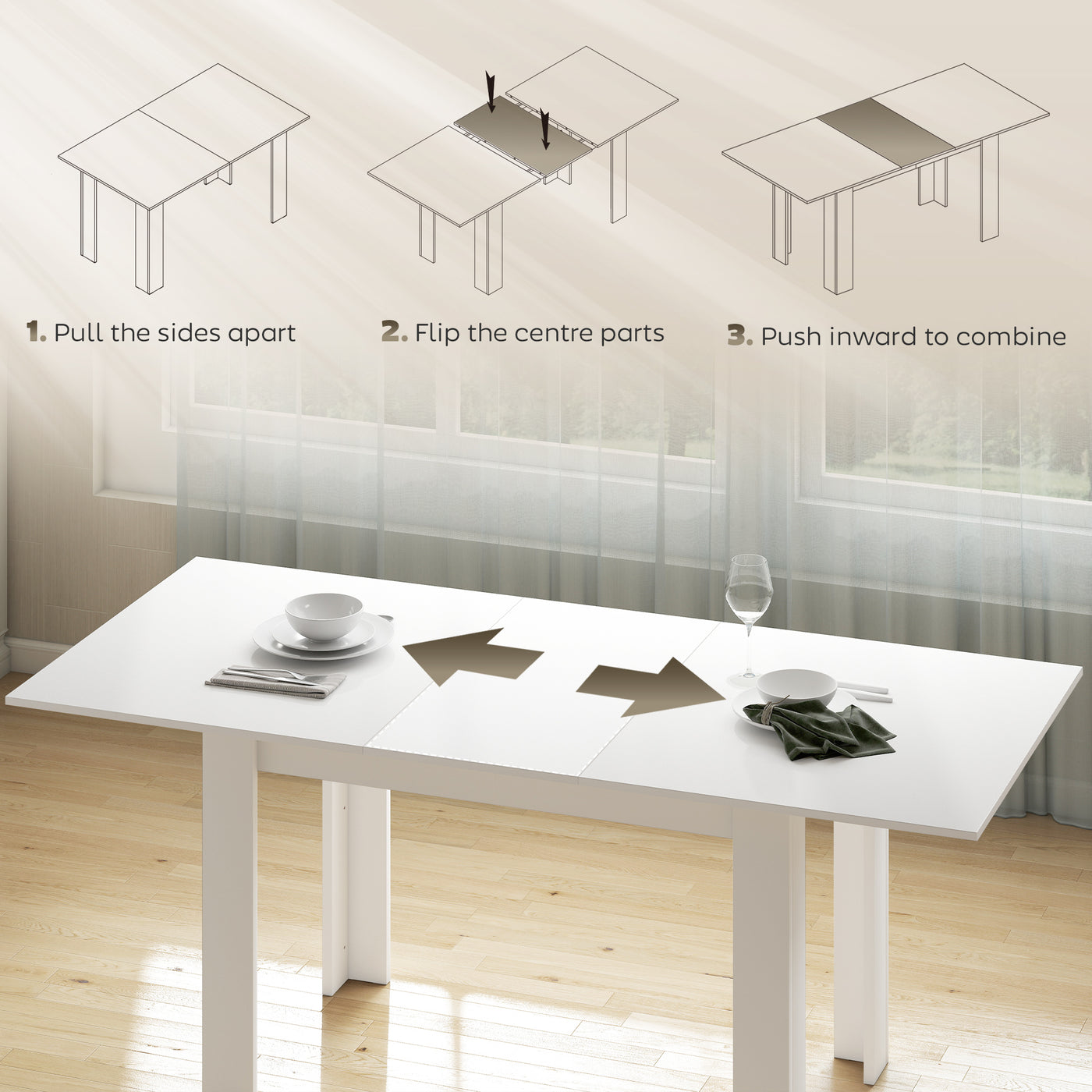 Modern Extendable Dining Table, 55.1 x 31.5 in, for 6-8 People, Expandable Dining Table for Kitchen, White