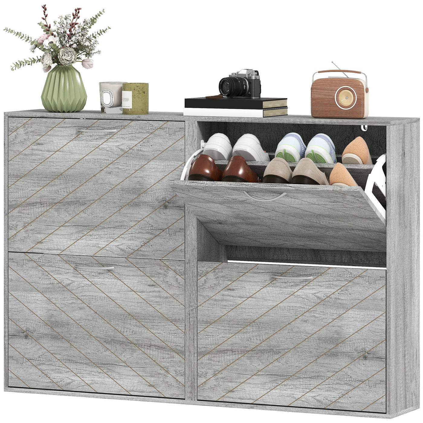 Shoe Storage Cabinet with 4 Flip Drawers, Narrow and Slim, 12-20 Pair of Shoes Organizer for Hallway, Entryway, Grey