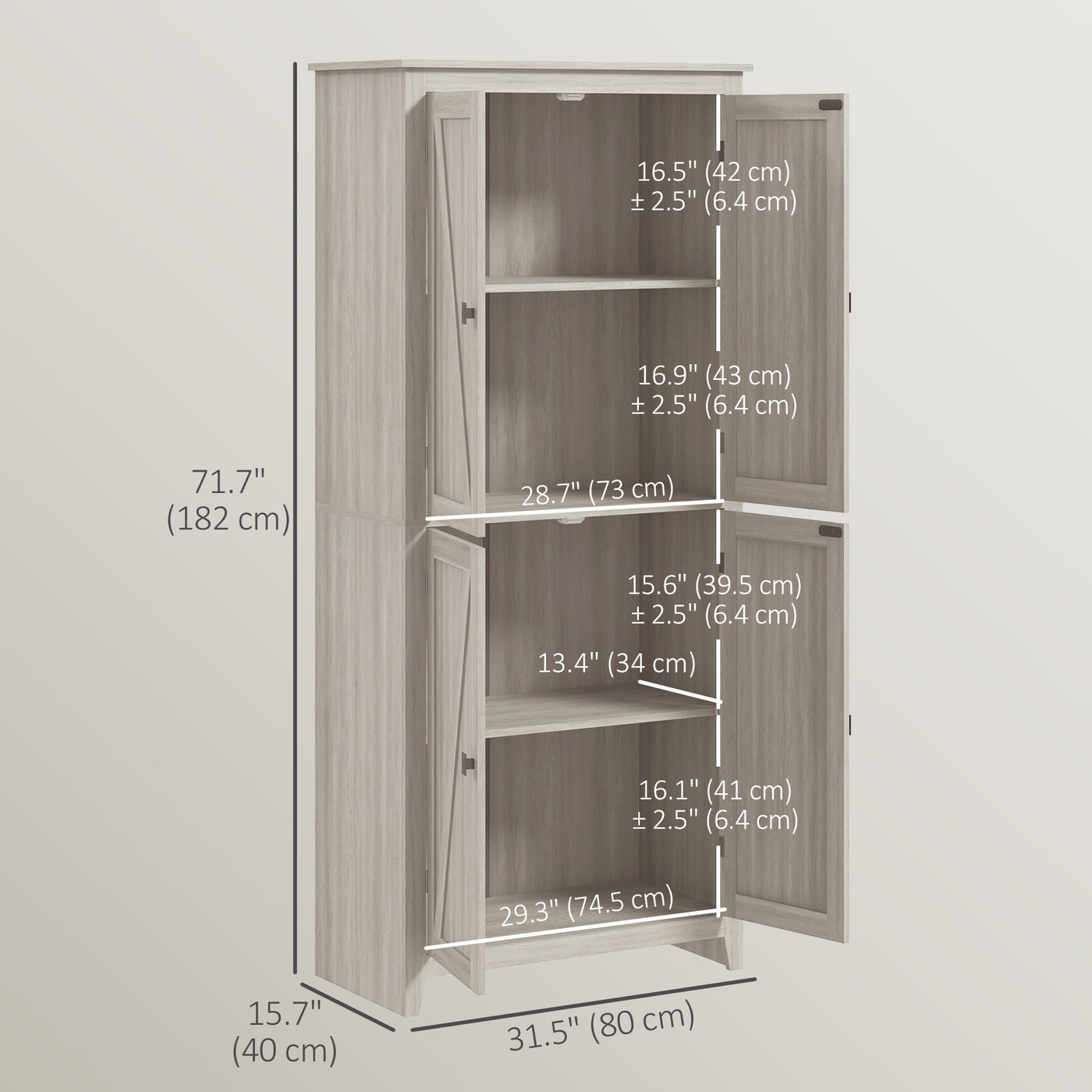 72" Freestanding Storage Cabinet, Kitchen Pantry Cabinet with Doors and Shelves for Dining Room, Grey