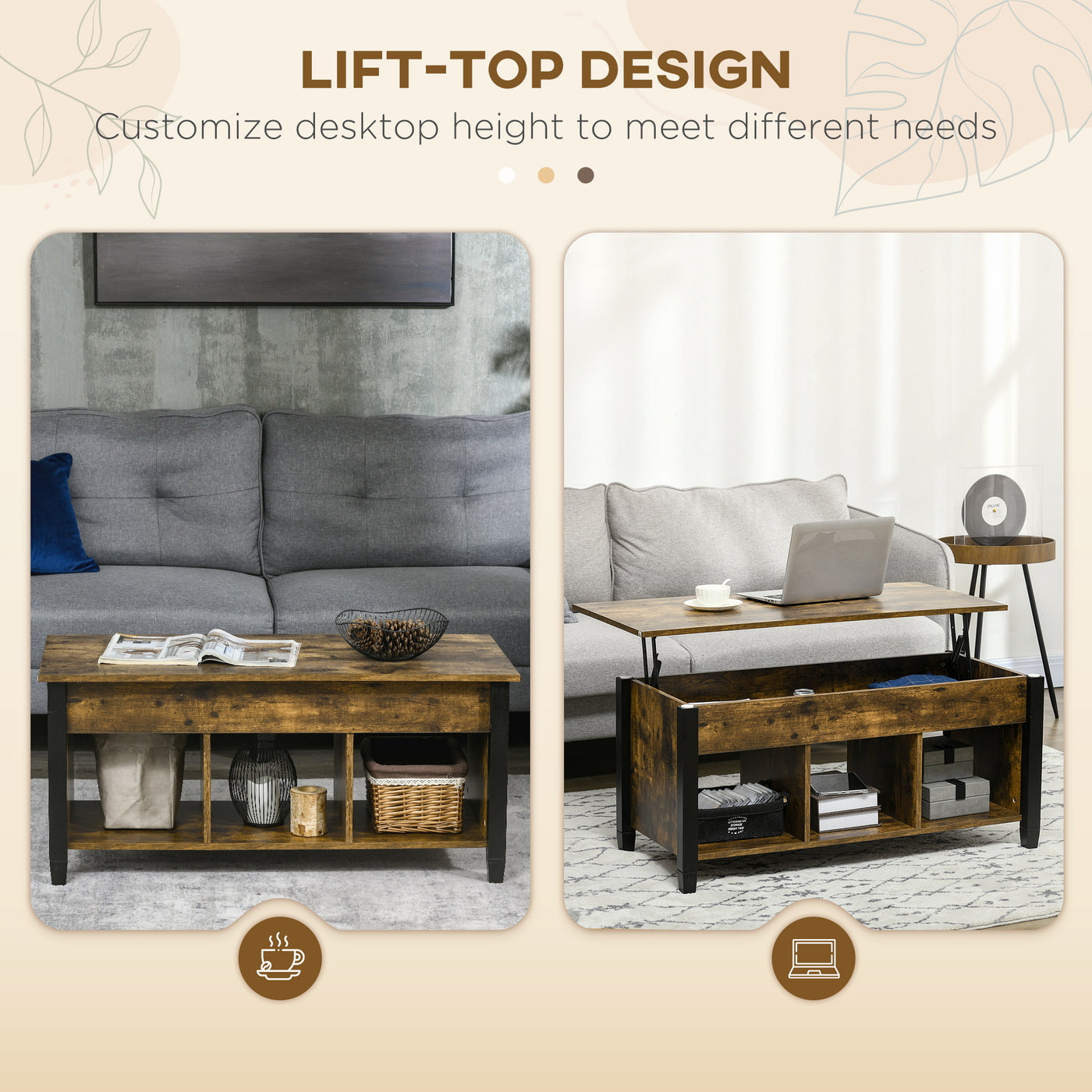 Lift Top Coffee Table, Modern Center Table with Storage Shelves and Hidden Compartment for Living Room, 41" L