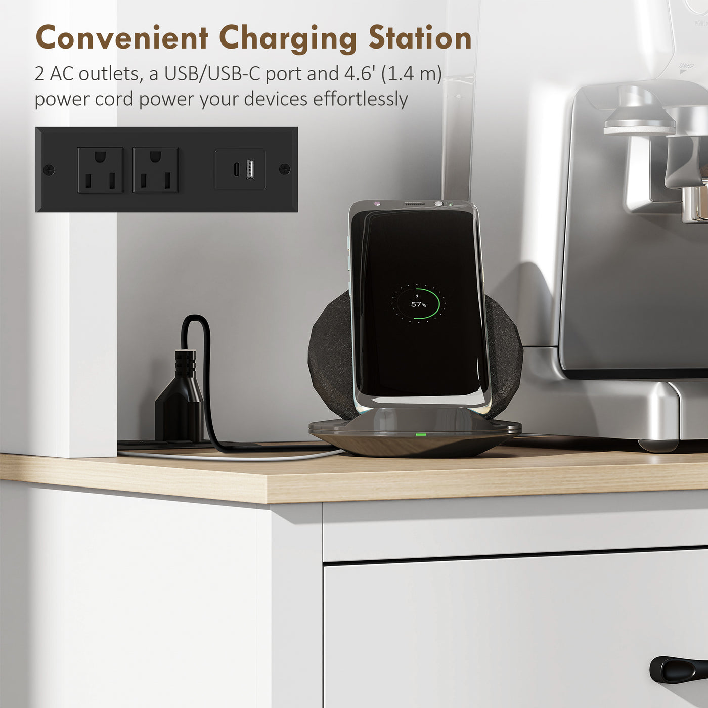 69" Kitchen Pantry Cabinet with Charging Station Kitchen Cabinet with Microwave Stand 7 Gallon Trash Can Cabinet White