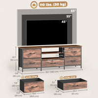 TV Stand for TVs up to 65 Inch, Industrial TV Console with Charging Station, 5 Drawers and Open Shelves, Rustic Brown