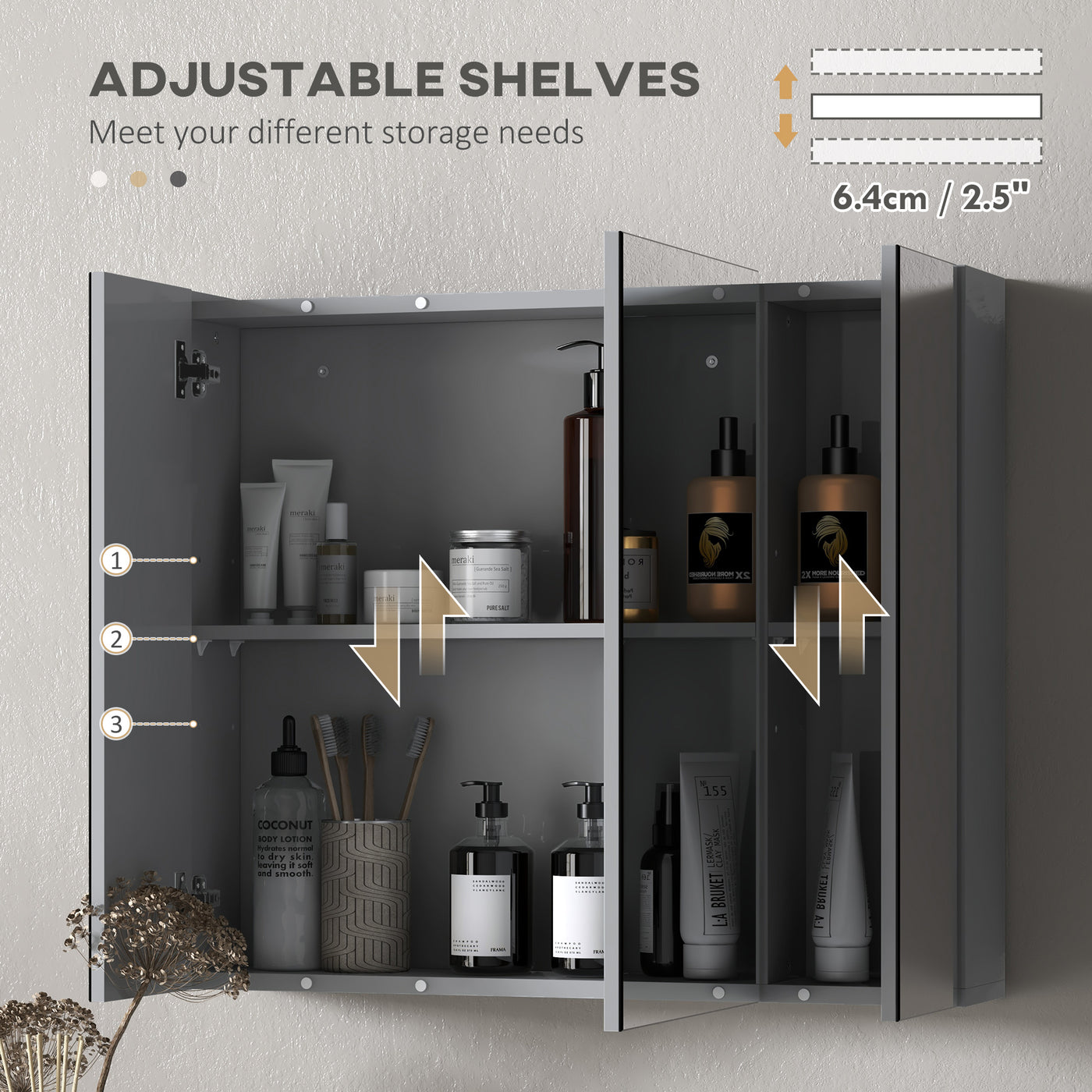 28" x 24" Wall Mounted Mirror Cabinet, Bathroom Medicine Cabinet with Mirror, 3 Doors and Adjustable Shelves, Grey