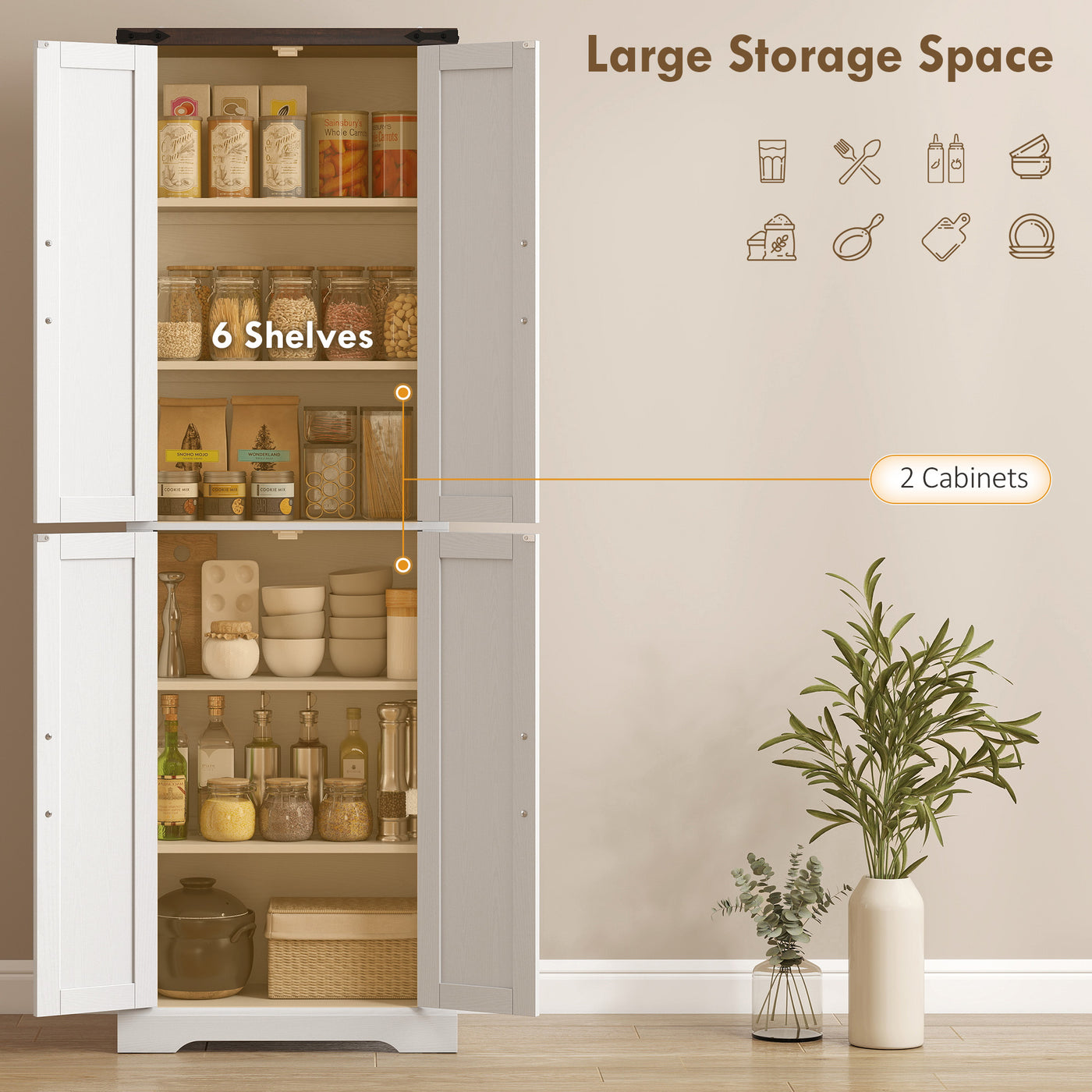 72" Pantry Cabinet, Farmhouse Freestanding Kitchen Storage Cabinet with Adjustable Shelves for Dining Room, White