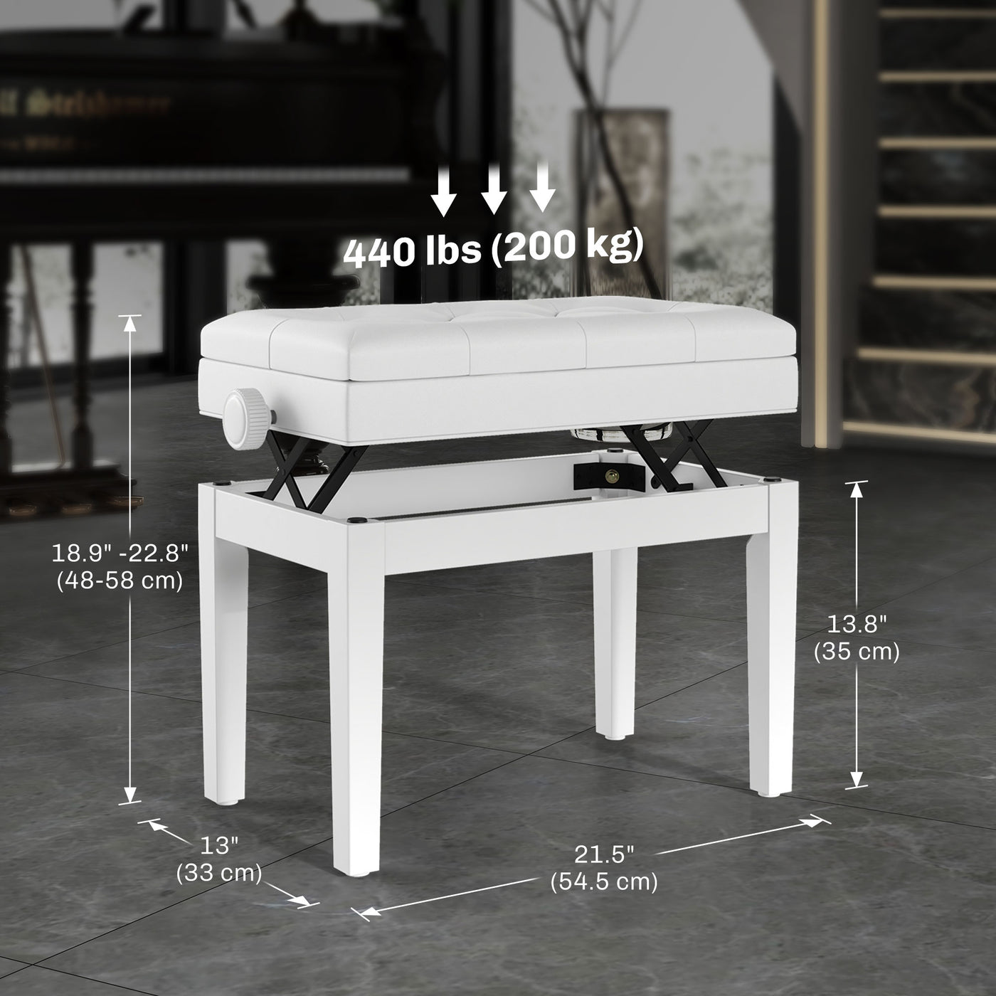 Adjustable Piano Bench with Storage and Soft PU Leather Padded, with Enough Music Storage Design, White