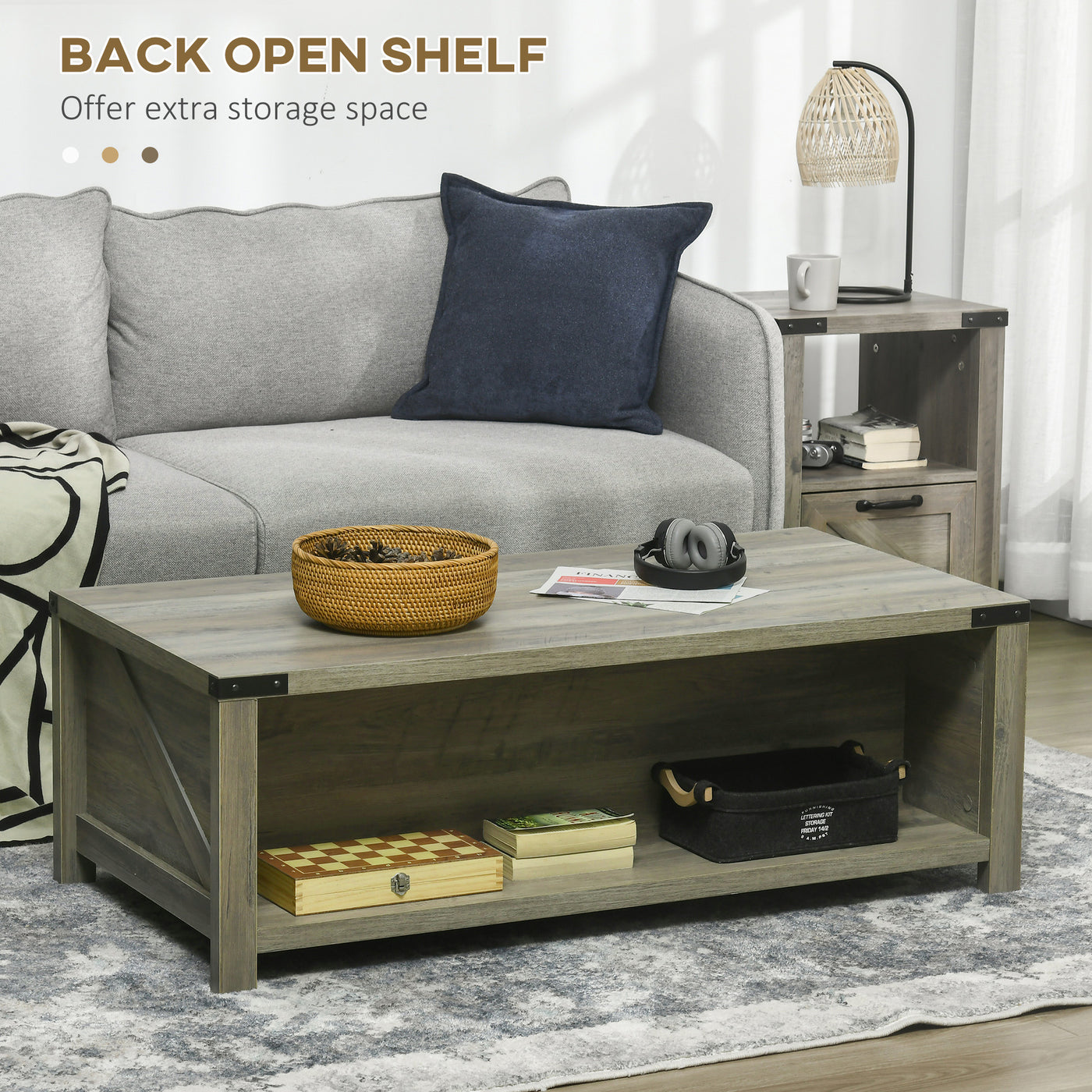 Farmhouse Coffee Table with Drawer and Storage Shelf, Rustic Center Table for Living Room, Meeting Room, Grey
