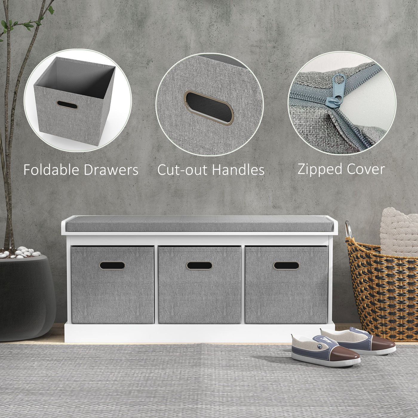 Shoe Storage Bench with Seat, Entryway Bench Seat with Cushion, 3 Fabric Drawers for Hallway, White