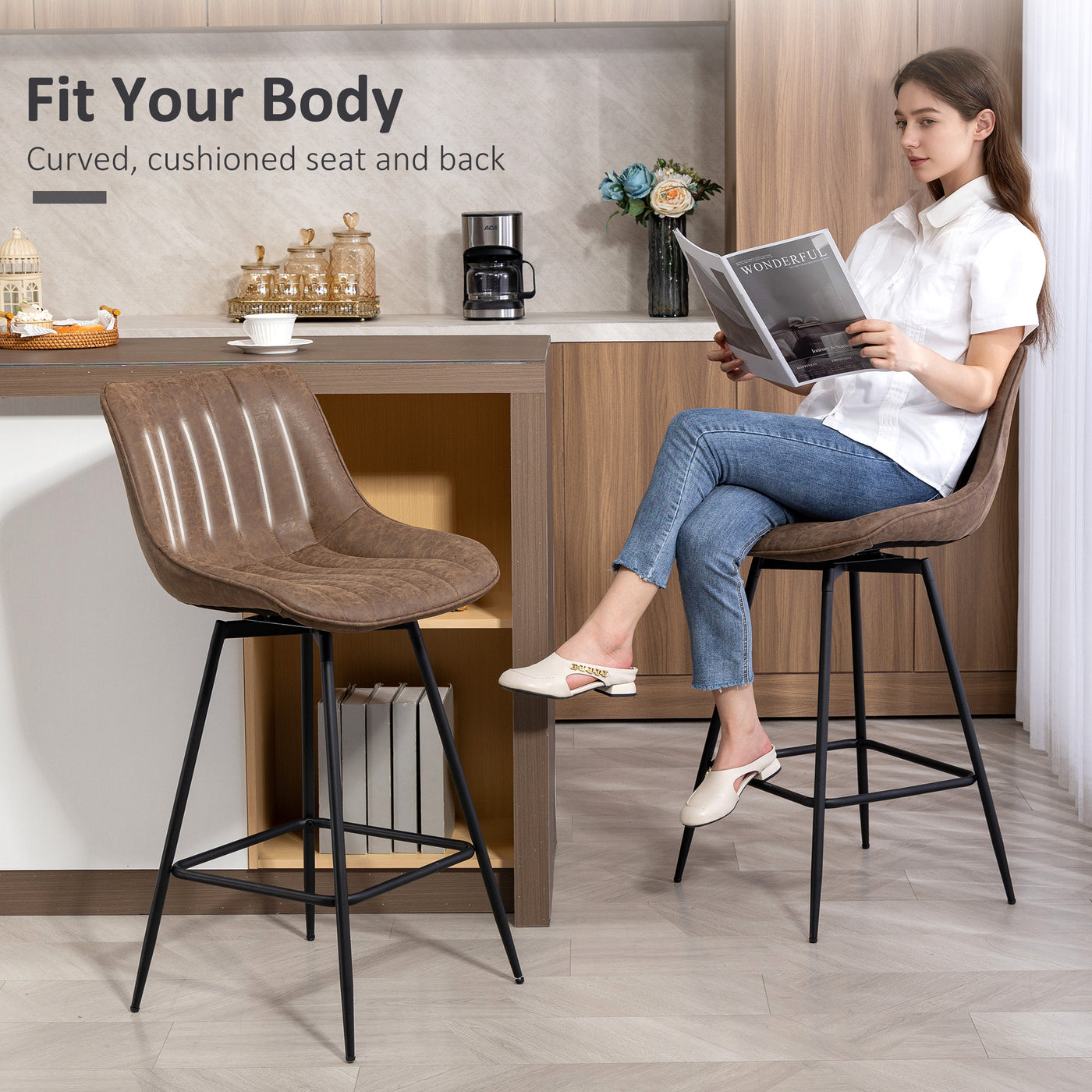 Set of 2 Counter Height Barstools, PU Leather Upholstered Bar Stools with Backrest, Footrest and Steel Legs, Brown
