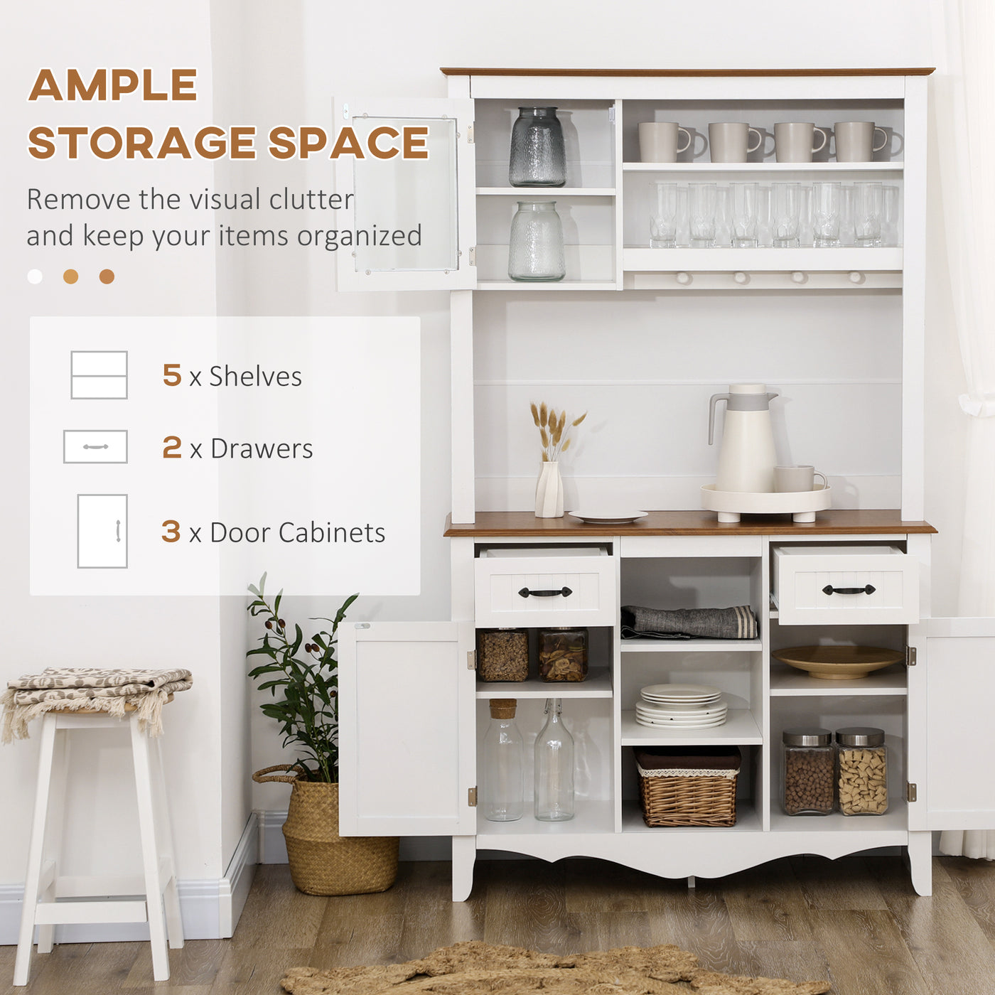 71" Kitchen Buffet with Hutch, Farmhouse Style Storage Cupboard with Utility Drawer, 3 Door Cabinets and 5-tier Shelves, White