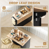 Kitchen Island on Wheels with Wood Drop Leaf, Charging Station, Rolling Kitchen Cart with Adjustable Shelf, Black