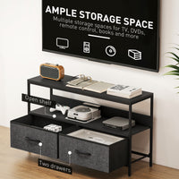 TV Stand with Charging Station, TV Table with 2 Foldable Linen Drawers and Open Shelf for 47 Inch Television, Black