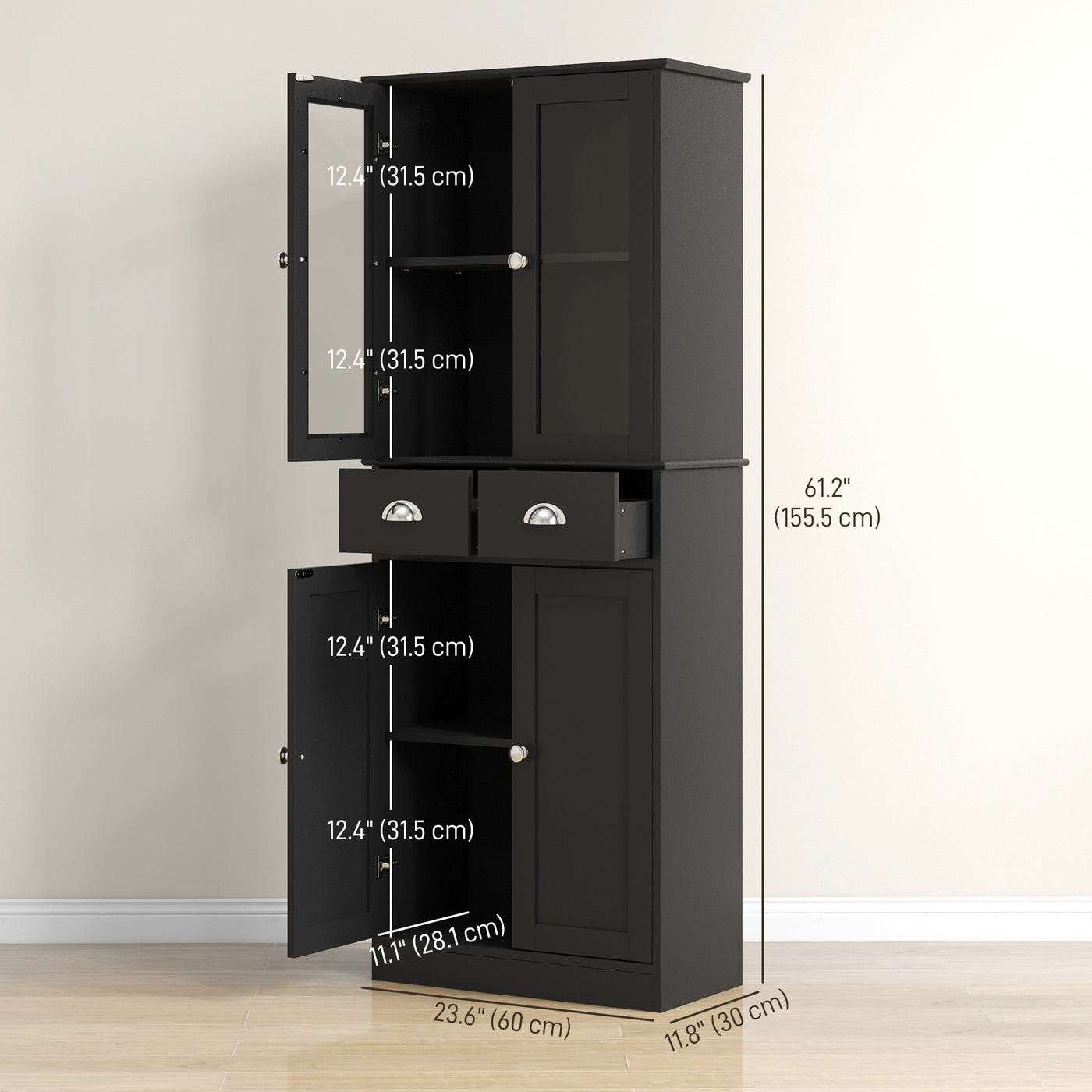 61" Kitchen Pantry Cabinet, Freestanding Farmhouse Buffet Storage Cabinet with Soft Close Glass Doors and Adjustable Shelves, Black