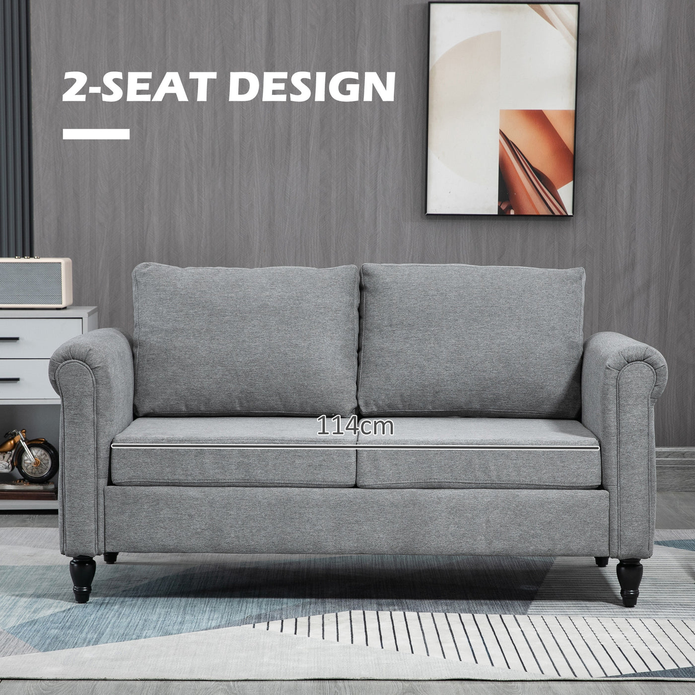 Vintage Loveseat, Upholstered Love Seat Furniture, Chenille-feel Fabric 2 Seater Sofa Couch with Rolled Arms, Gourd-Shaped Rubber Wood Legs for Living Room, Light Grey