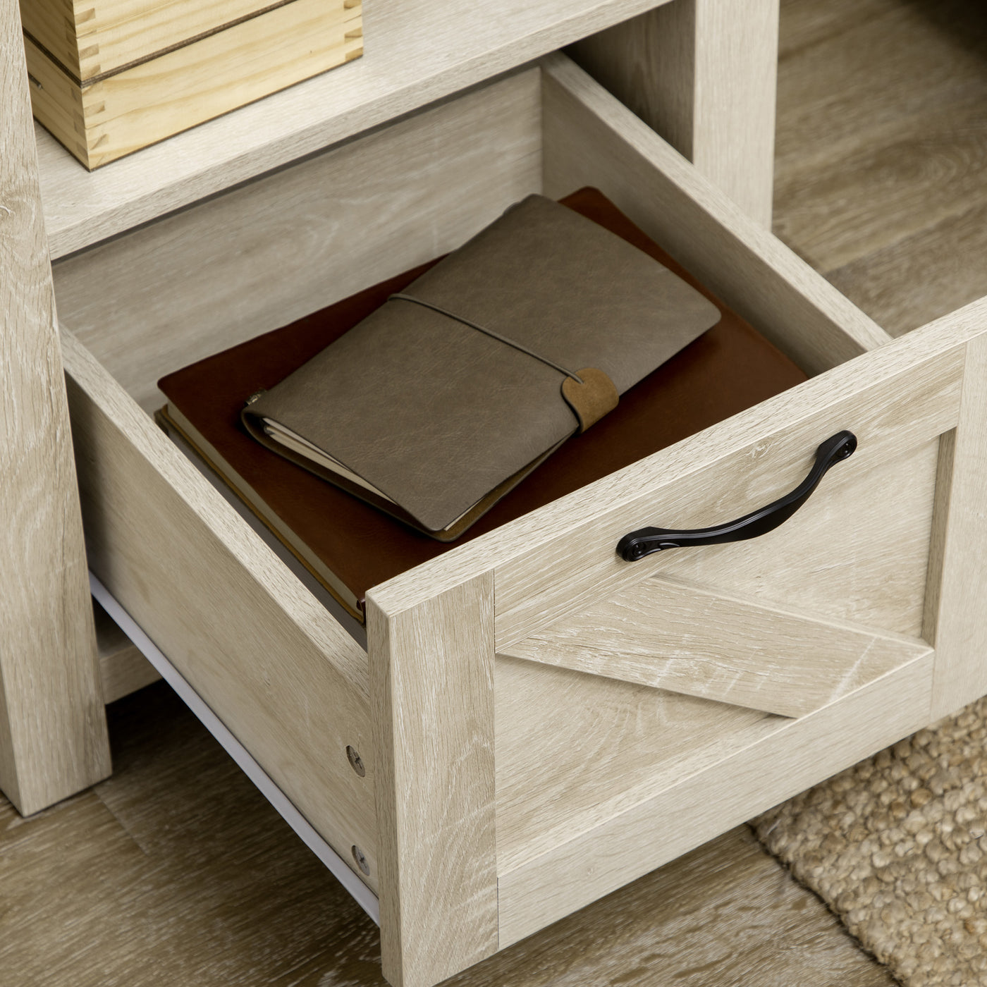Side Table with Storage, Farmhouse End Table with Drawer, Open Shelf and Barn-style Panel, Nightstand for Living Room, Bedroom, Oak