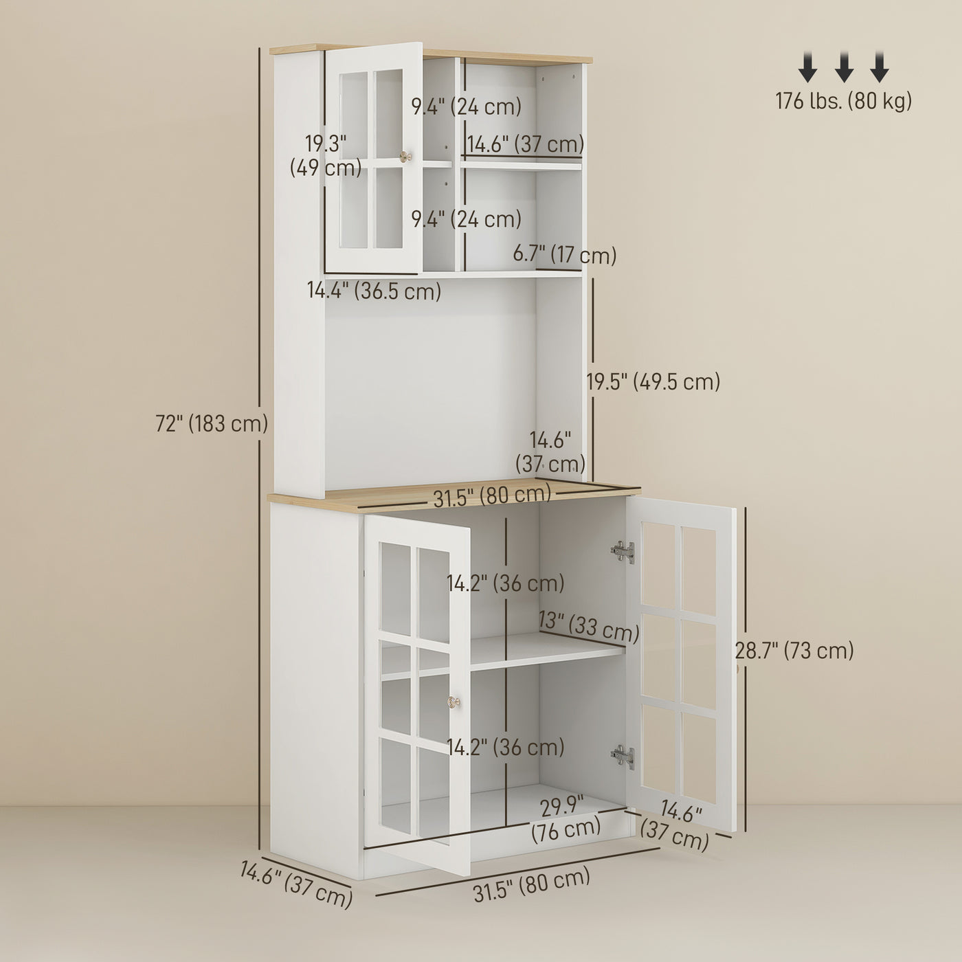Kitchen Buffet with Hutch, Storage Pantry with 3 Cabinets, 2 Open Shelves and Large Countertop, White
