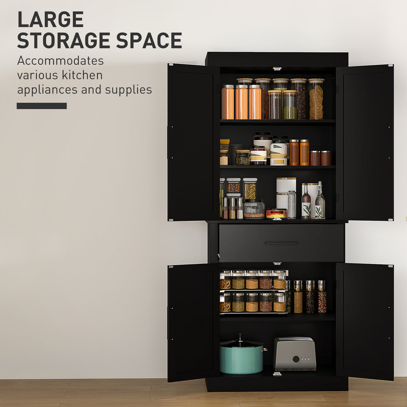 72" Kitchen Storage Cabinet, Farmhouse Kitchen Pantry Cabinet with 4 Barn Doors, Drawer, Adjustable Shelves, Black