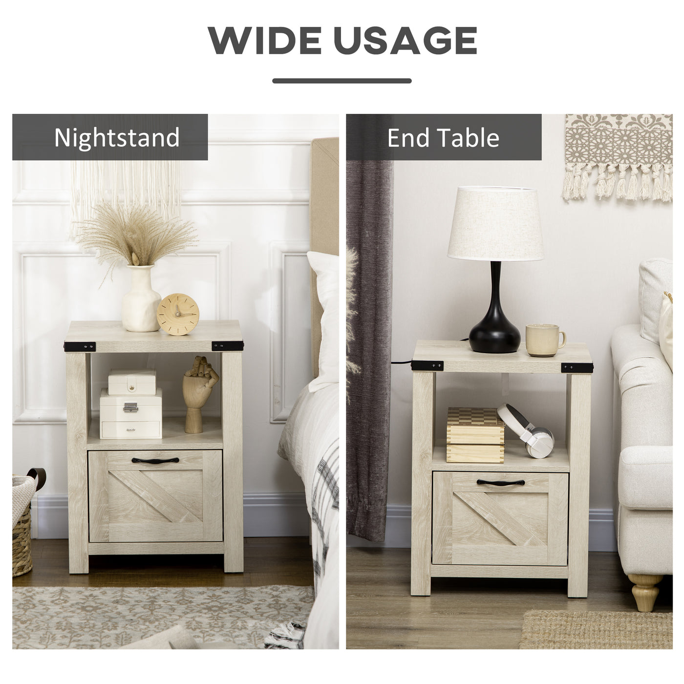 Side Table with Storage, Farmhouse End Table with Drawer, Open Shelf and Barn-style Panel, Nightstand for Living Room, Bedroom, Oak