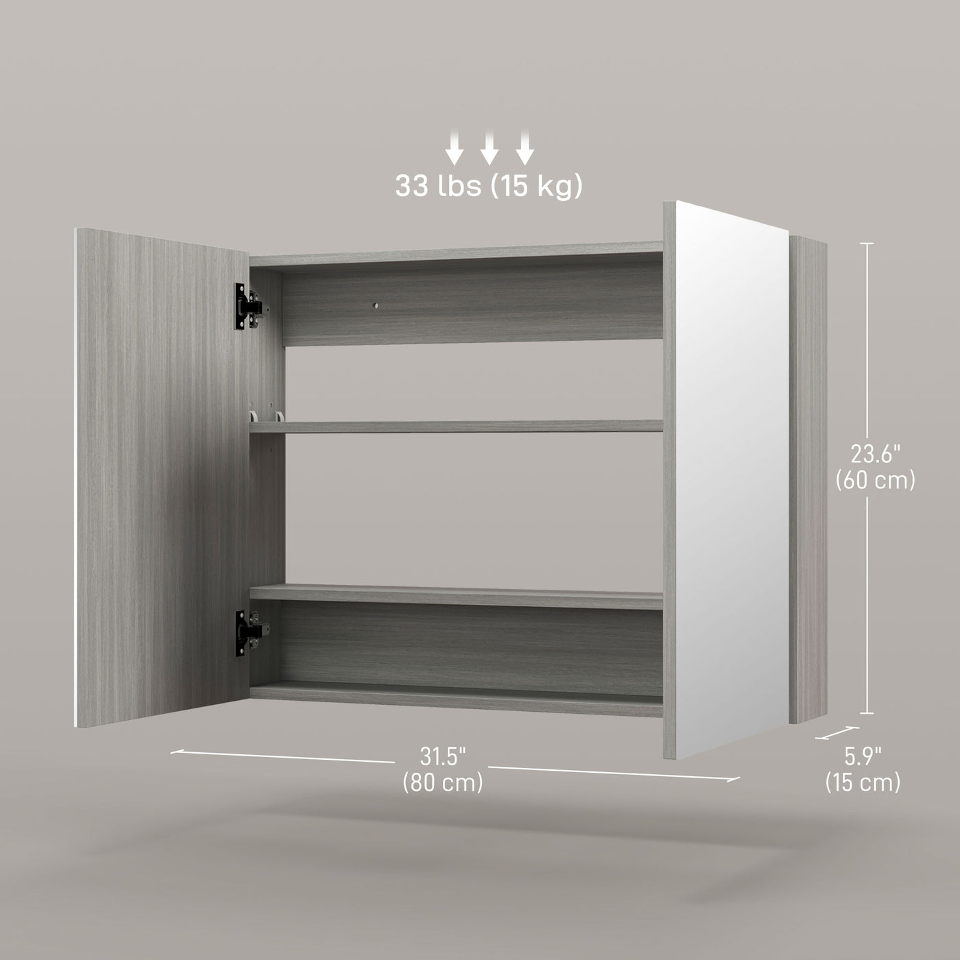 Bathroom Mirror Cabinet, Wall-Mounted Storage Organizer with Double Doors, Adjustable Shelf, Grey