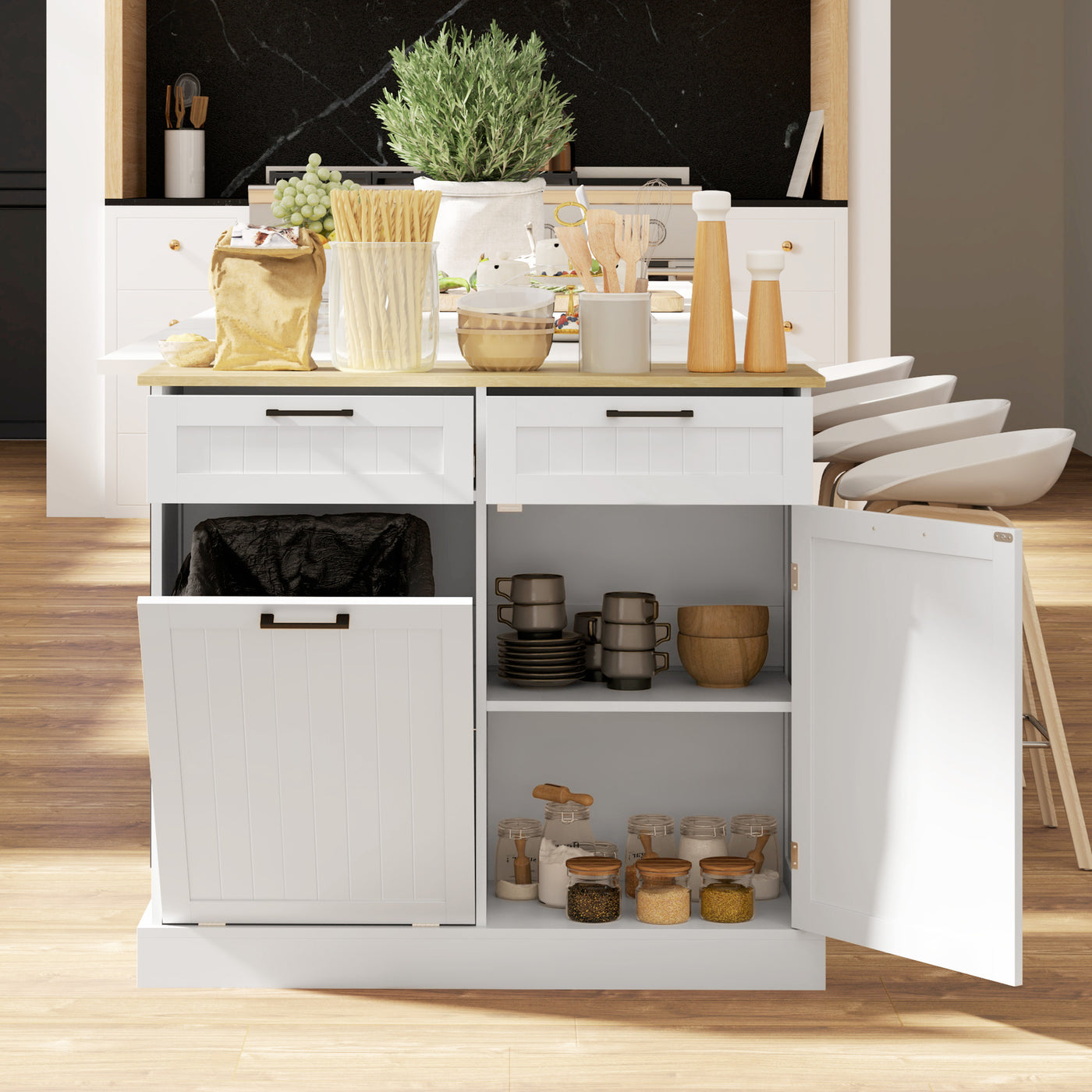 Hidden Garbage Bin Cabinet, Tilt Out Trash Cabinet w/ 2 Drawers, Freestanding Kitchen Island for Laundry, White