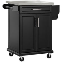 Kitchen Island with Stainless Steel Top, Rolling Kitchen Cart on Wheels with Storage Drawer, Cabinet, Towel Rack and Spice Rack (Black)