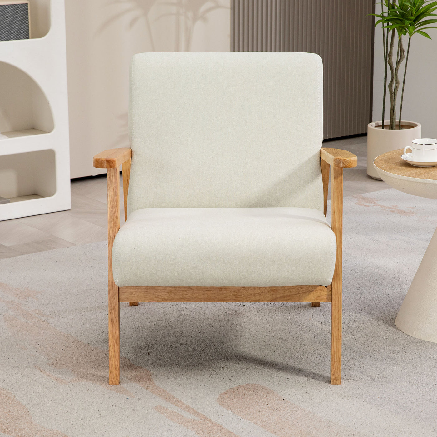 Mid-Century Modern Accent Chair Retro Fabric Armchair Wooden Arm Upholstered Lounge Chair for Living Room Cream White