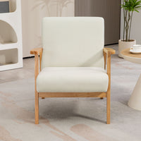 Mid-Century Modern Accent Chair Retro Fabric Armchair Wooden Arm Upholstered Lounge Chair for Living Room Cream White