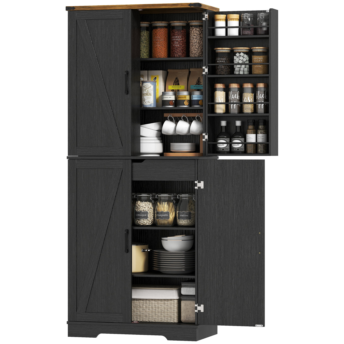 72" Kitchen Pantry Cabinet, Farmhouse Storage Cabinet with 4 Doors, Drawer, 8 Door Shelves and Adjustable Shelf, Black