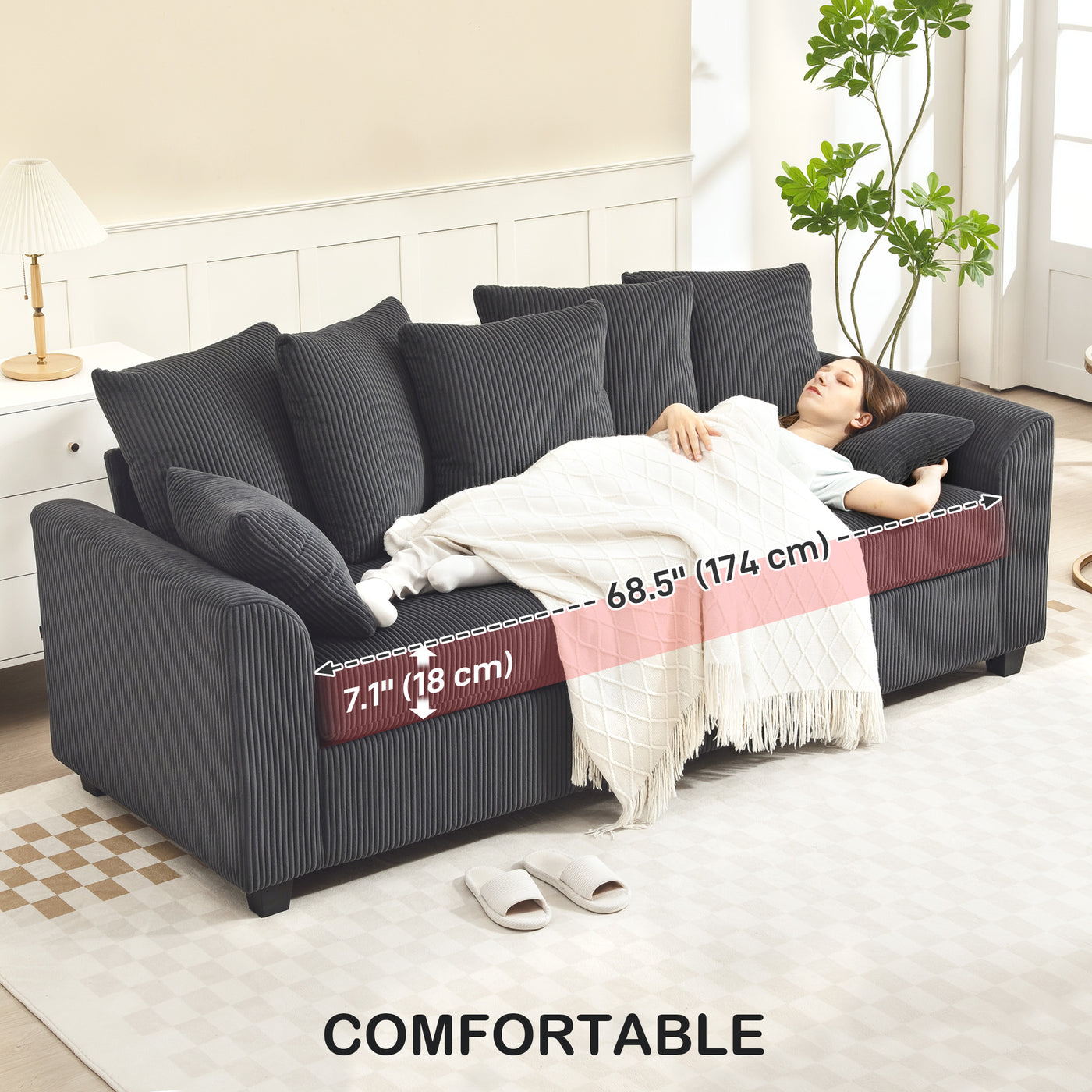 Corduroy Couch, 3 Seater Sofa, Modern Upholstered Couch with Curved Armrests and 8 Removable Pillows, Dark Grey