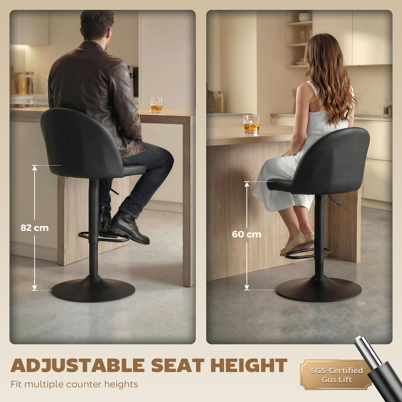 Bar Stools Set of 2, Swivel Counter Height Barstools with Footrest, Black
